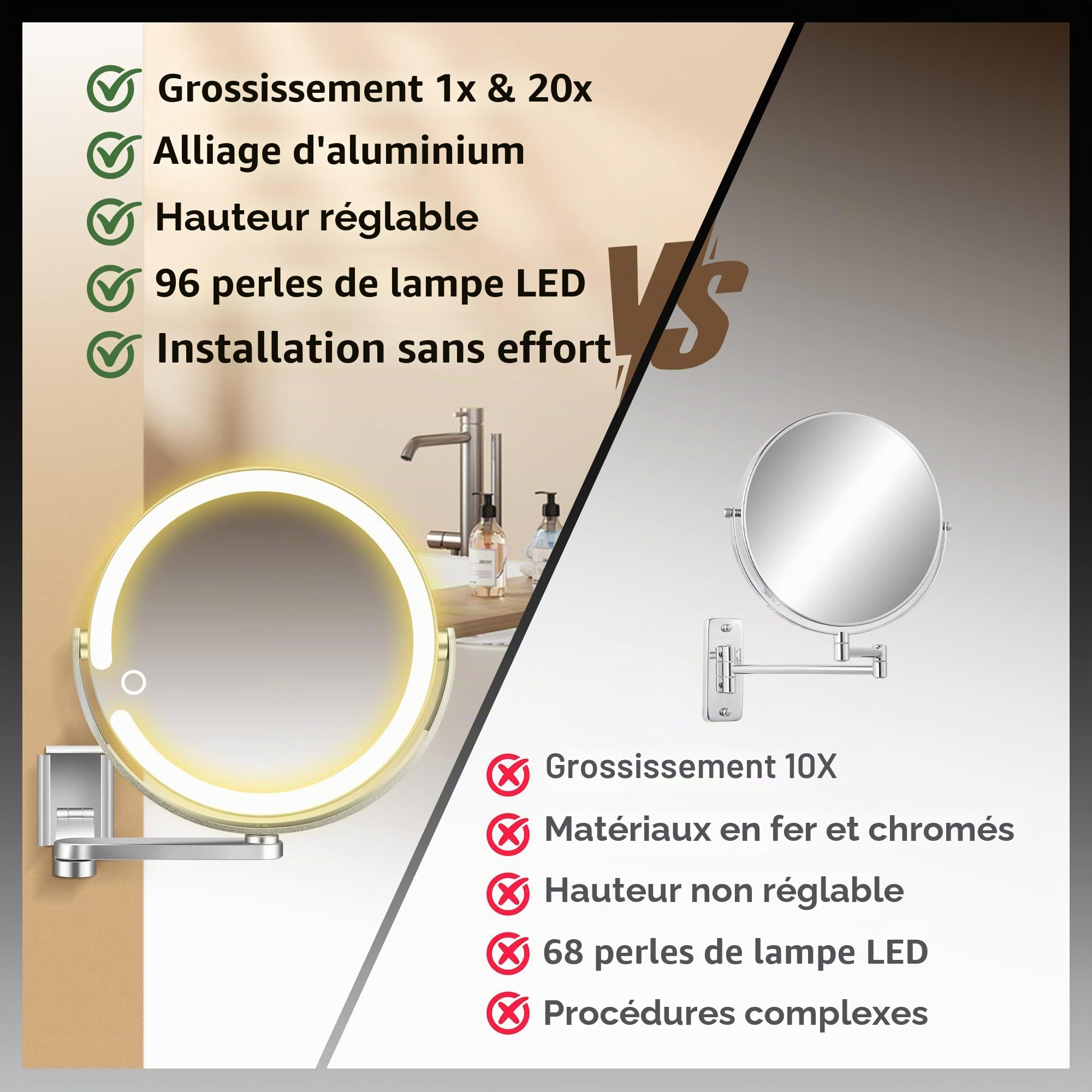 MOMOKUBA Miroir grossissant avec lumière 20X/1X, Miroir de Maquillage éclairé avec grossissement, Miroirs de Maquillage Debout Double Face, Rechargeable 3 Couleurs avec Gradation