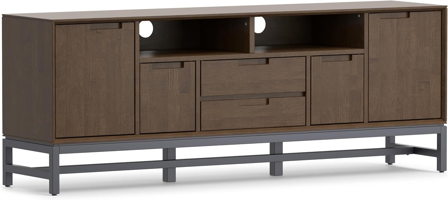 SIMPLIHOME Banting TV Stand - 72 inch Wide Solid Wood Media Console in Walnut Brown, Mid Century Industrial Entertainment Center for Living Room for TVs up to 80 Inches with Drawer and Metal Base