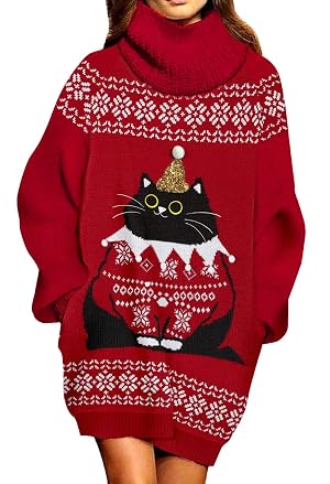Pink Queen Ugly Christmas Sweater Dresses for Women Oversized Turtleneck Pullover Holiday Dress with Pocket