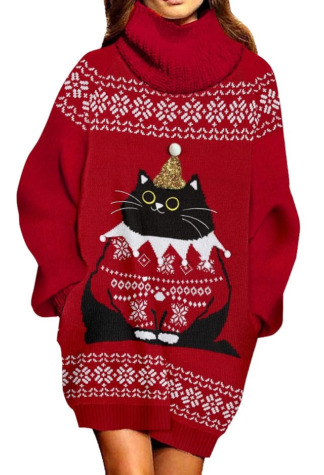 Pink Queen Ugly Christmas Sweater Dresses for Women Oversized Turtleneck Pullover Holiday Dress with Pocket