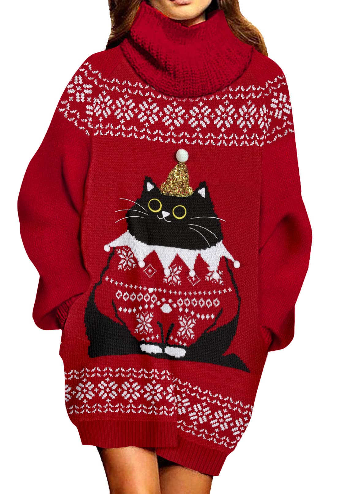 Pink Queen Ugly Christmas Sweater Dresses for Women Oversized Turtleneck Pullover Holiday Dress with Pocket