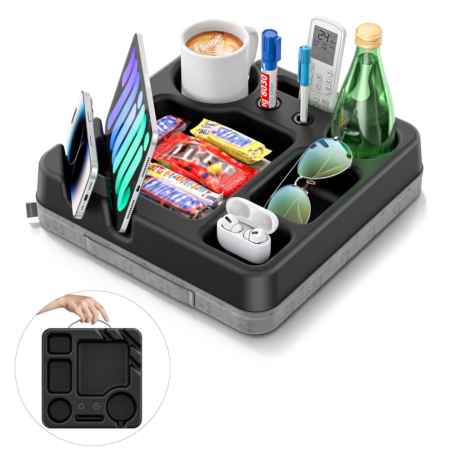 CLESOO Porte-gobelets pour Canapé - Coussin Plateau Canape avec Plateau à Collation, Support Télécommande, Porte-stylo, Support Téléphone & Tablette - Organisateur de Canapé pour Lit, Loisirs, Voiture