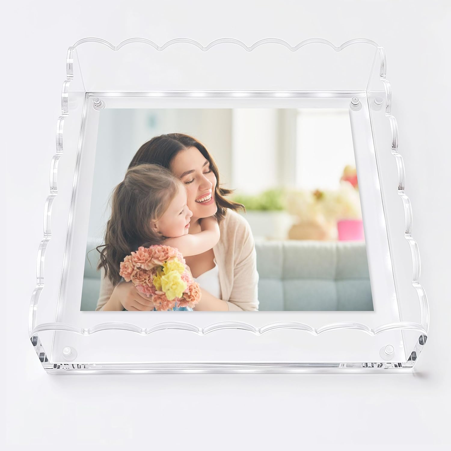 Acrylic Tray With Magnetic Pad ，Clear Photo Scalloped Frames Freestanding For Desktop Display ，Customizable Photo And Artwork Display, Vanity/Nightstand Bedroom Decor Tray(8"X 8")