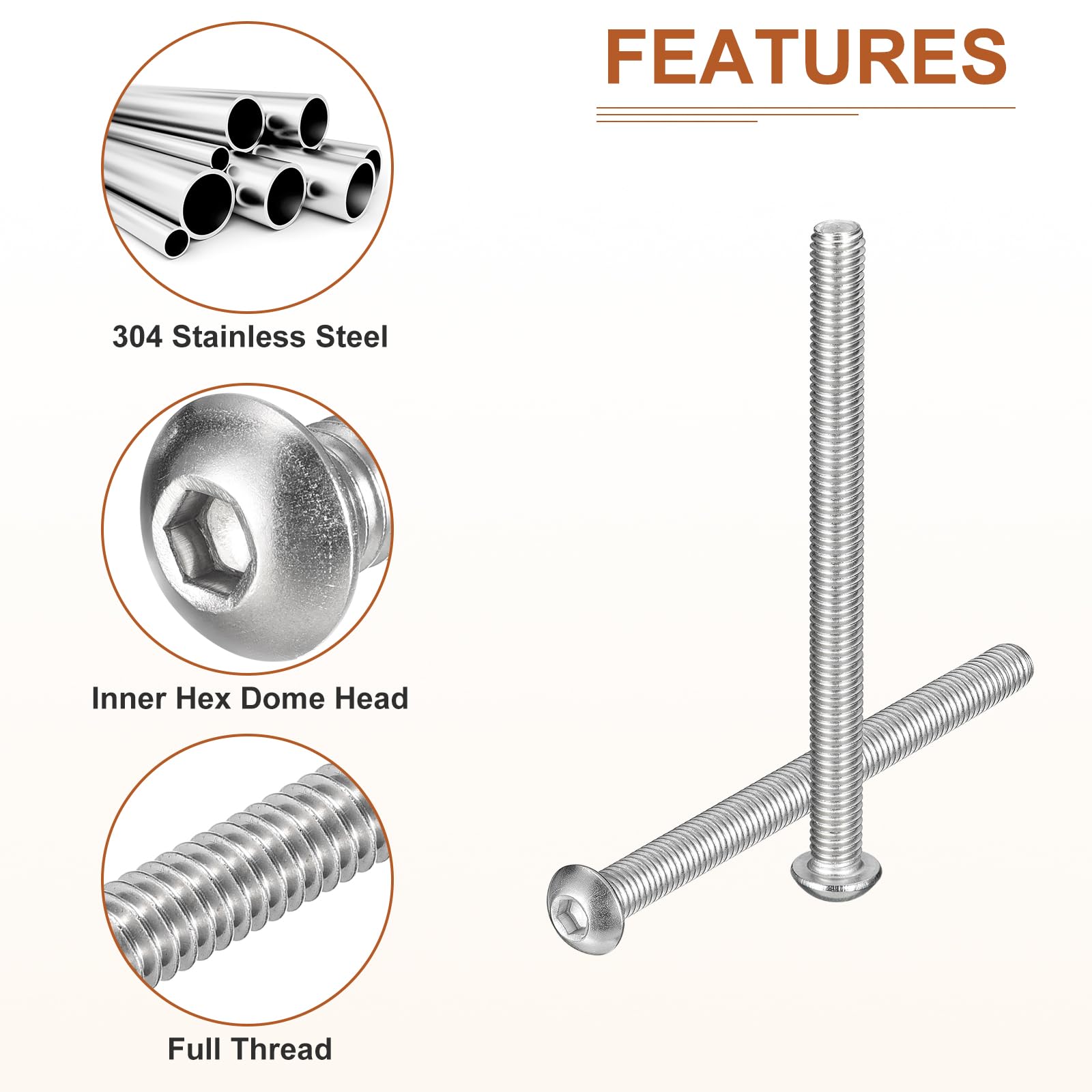 DTGN M8-1.25x100mm Button Head Socket Cap Screws, 5Pack, Good for Machine, 304 Stainless Steel 18/8 - Image 4