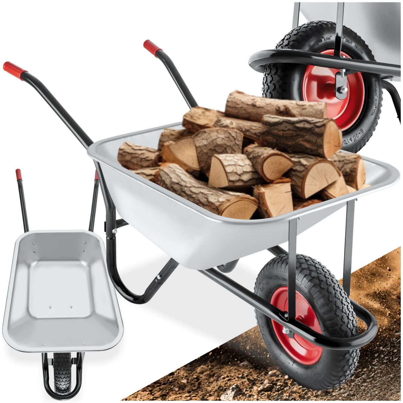 tectake® Carriola da Giardino, Volume 100L, Carico Max 250kg, Carrello da Giardino Porta Attrezzi, Vasca Zincata con 2 staffe di Rinforzo, Pneumatici Con Cerchio in Metallo Ø 38 cm, Manici Antiscivolo