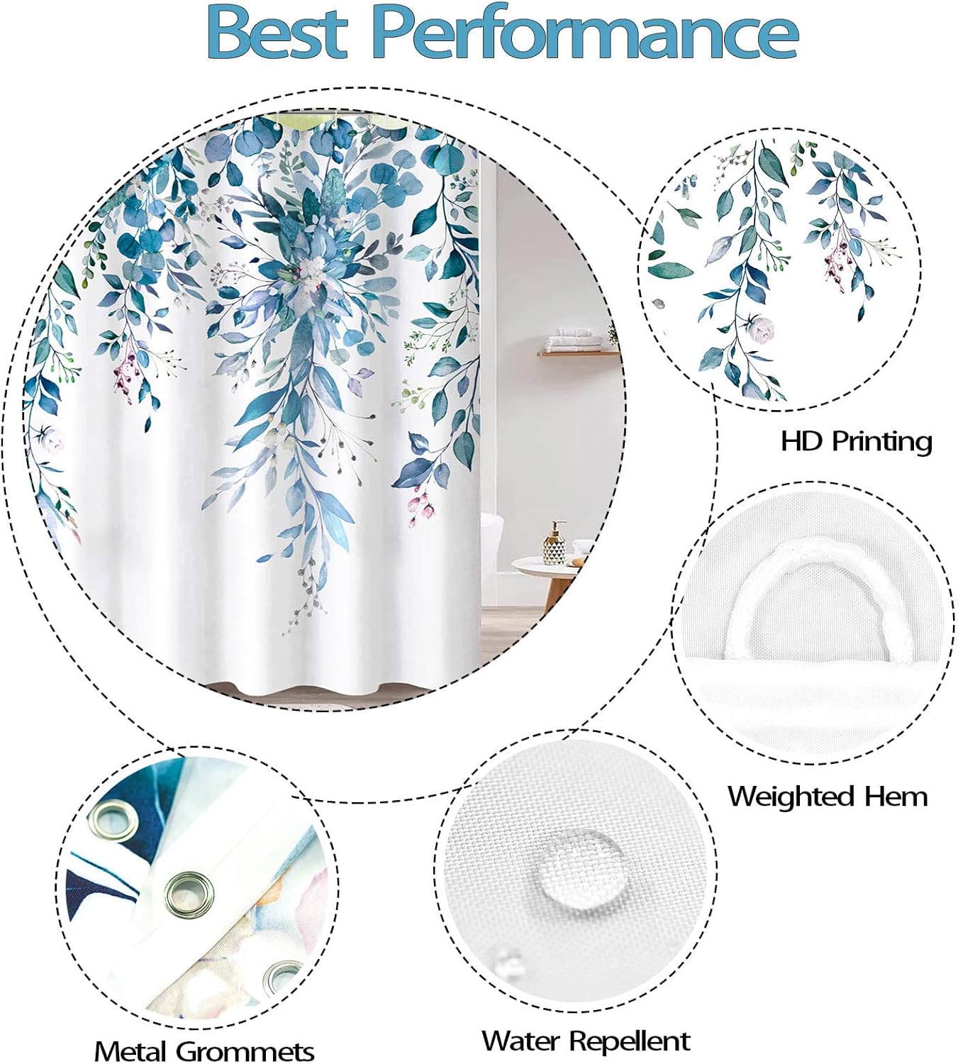 84 Inch Extra Long Blue Eucalyptus Shower Curtain Watercolor Floral Plant Leaf Shower Curtains for Bathroom Botanical Flower Waterproof Fabric Bath Curtain Decor with Hooks (Blue, 72'' x 84'')