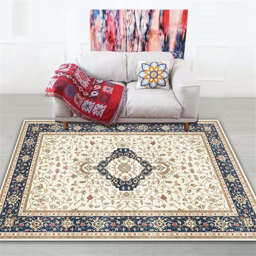 Tapis chambre enfant antidérapant et sécurisé bleu floral lavable salon 120x160