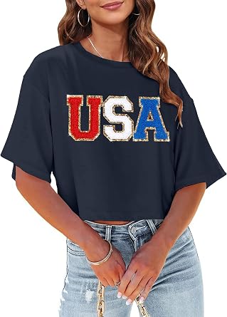 USA Shirts for Women American Star Sequin Crop Shirt Patriotic T-Shirt 4th of July Cropped Tees Tops