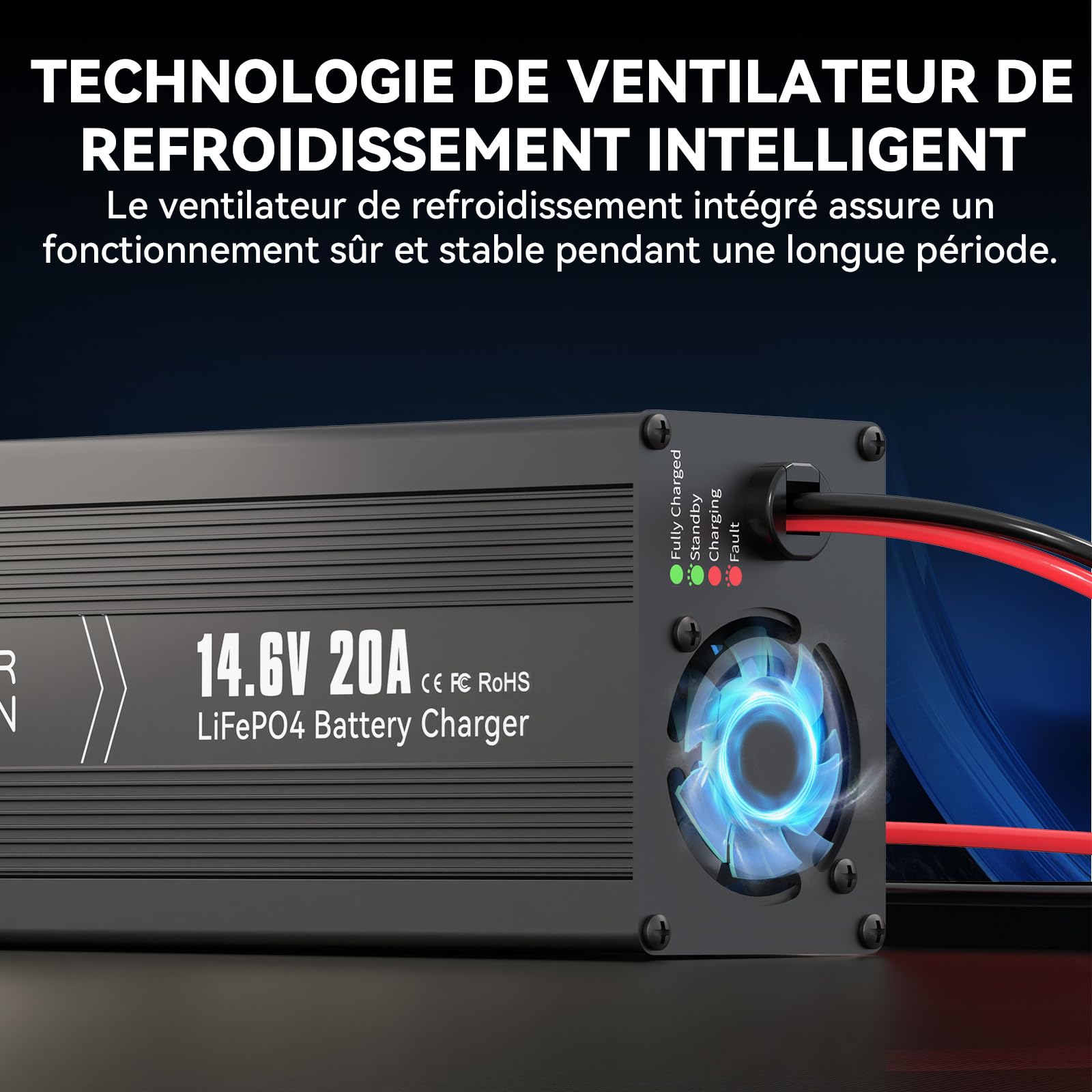 POWER QUEEN Chargeur de Batterie au Lithium 14,6V 20A, pour Les Batteries LiFePO4, LED pour Afficher l'Etat de Charge, Chargeur Batterie 12V avec 4 Fonctions de Protection | Activation 0 V, charge rapide, charge à 3 niveaux, indicateur LED, connecteur And