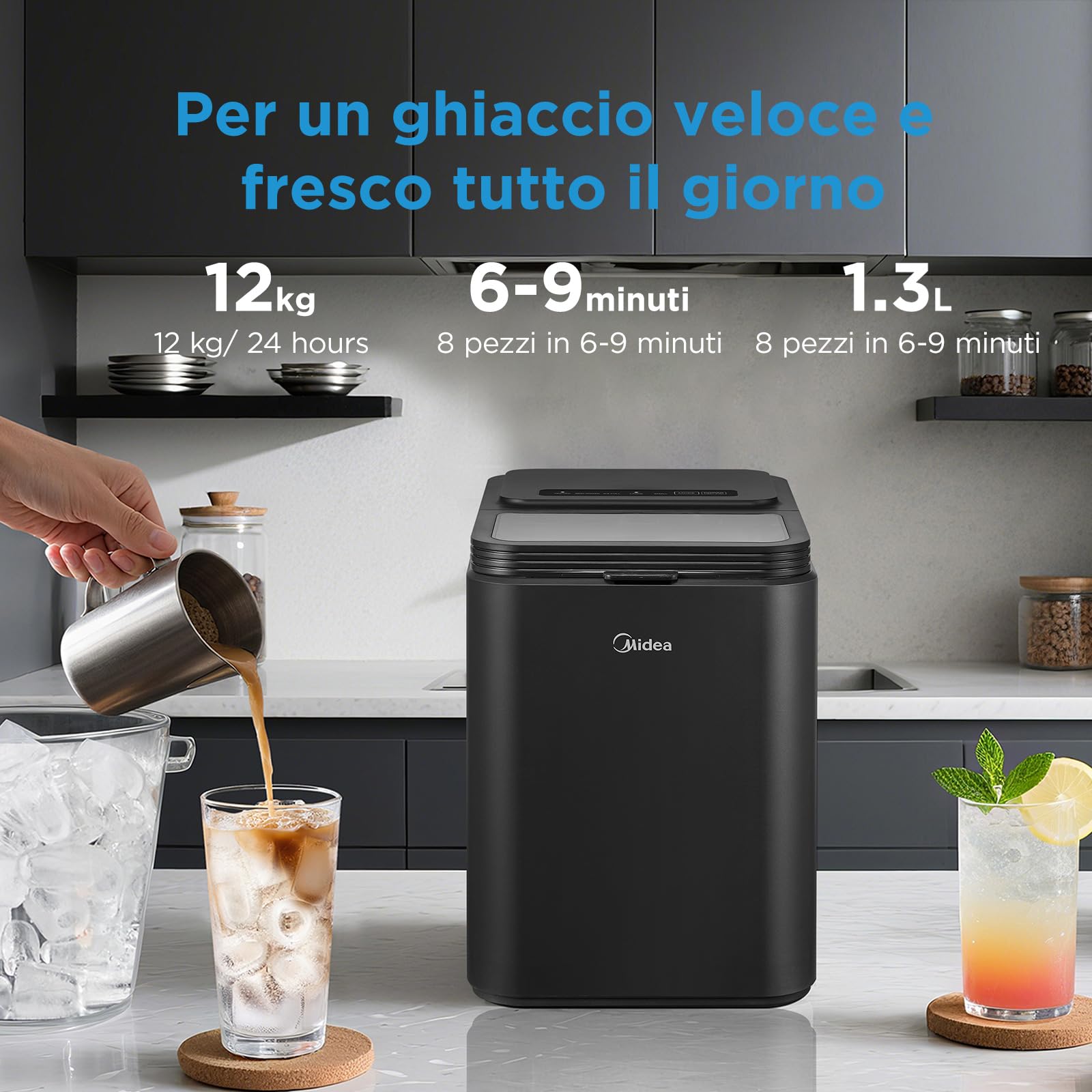 Midea MERI12BG30EU Macchina Ghiaccio 12kg/24h, 8 Cubetti in 6min, Nero | Autopulente, 2 Dimensioni Cubetti, Paletta e Cestello Inclusi, Portatile, Per Casa e Cucina, Rapida