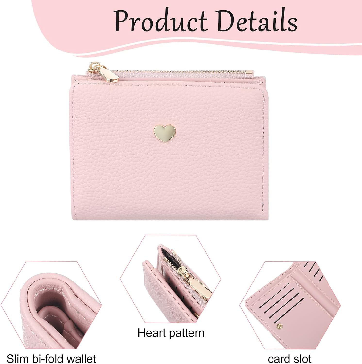 Small Women's Wallet, Pink Leather Purses Card Holder Slim Lychee Grain Wallet Id Credit Cards Slots and Coin Pocket, Compact PU Purse, Heart Accent Gift