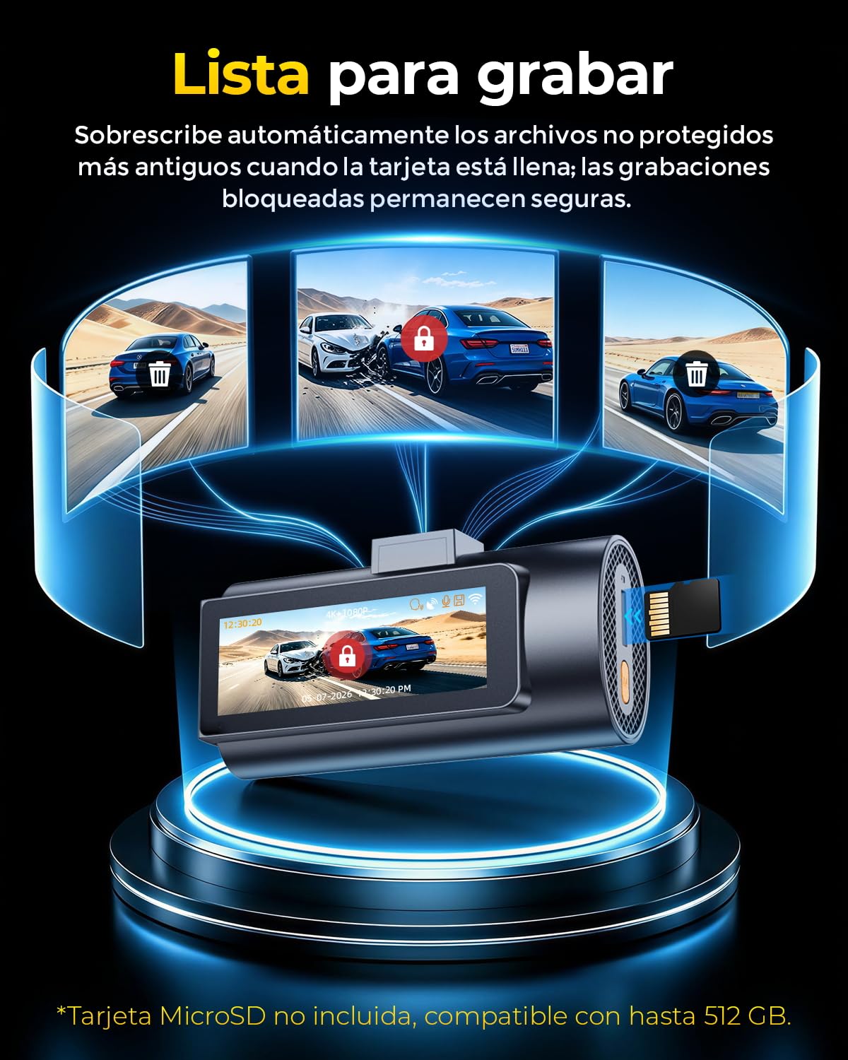 GKU Dashcam para Coche Delantero Trasero, 4K con STARVIS 2, Pantalla IPS de 3", WiFi 6, GPS, grabación en Bucle, pregrabación en Caso de colisión, Compatible con hasta 512 GB | 3" Pantalla IPS, WiFi 6, GPS, grabación en bucle, grabación precolisión, sopor