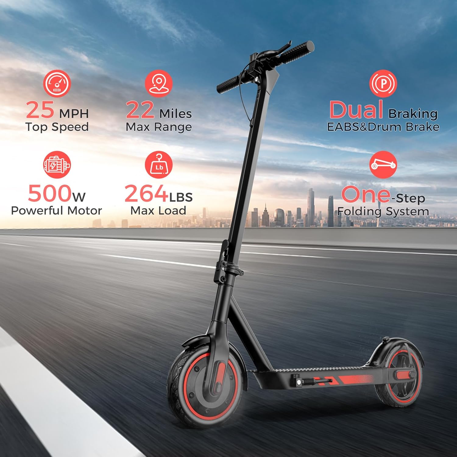Kalorace electric scooter with overlaid icons showing 25 MPH Top Speed, 22 Miles Max Range, 500W Powerful Motor, 264 LBS Max Load, Dual Braking (EABS & Drum Brake), and One-Step Folding System.