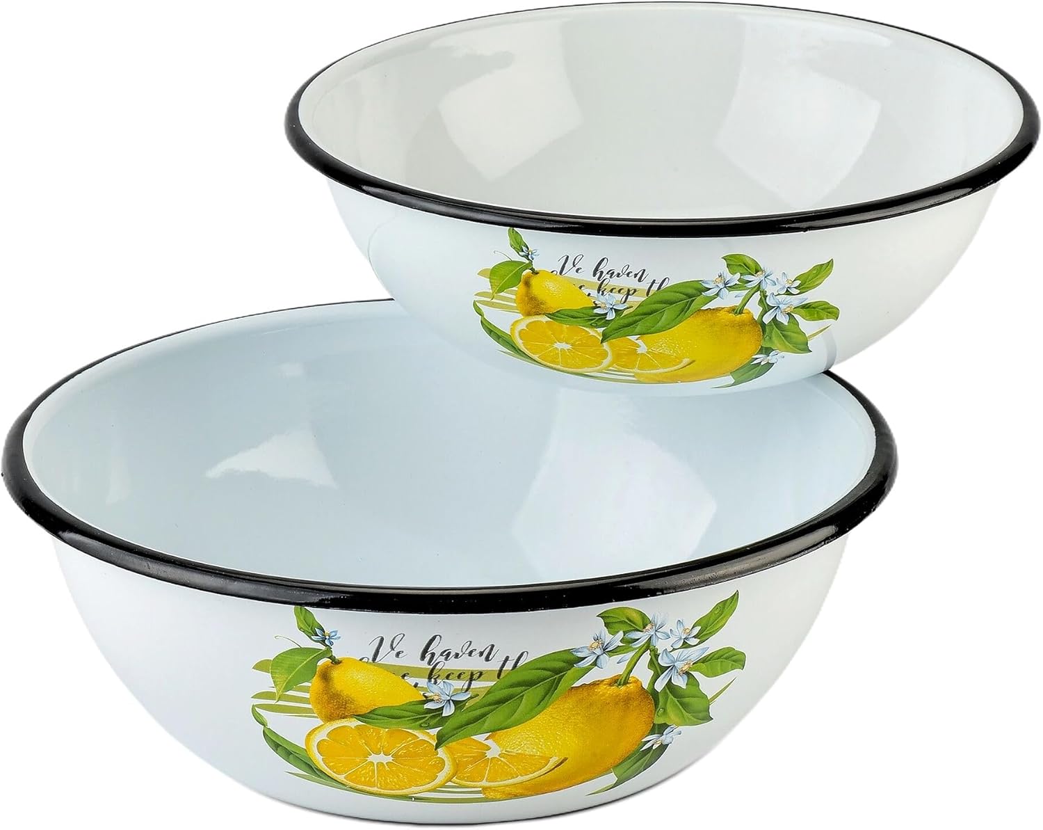 STP GOODS Enamel Bowl Set of 2, Enamel Serving Bowl, Enameled Steel Mixing Bowl for Cooking Prepping, Vintage Salad Bowl (Lemon 2.7 Qt (2.5 L), 4.2 Qt (4 L))