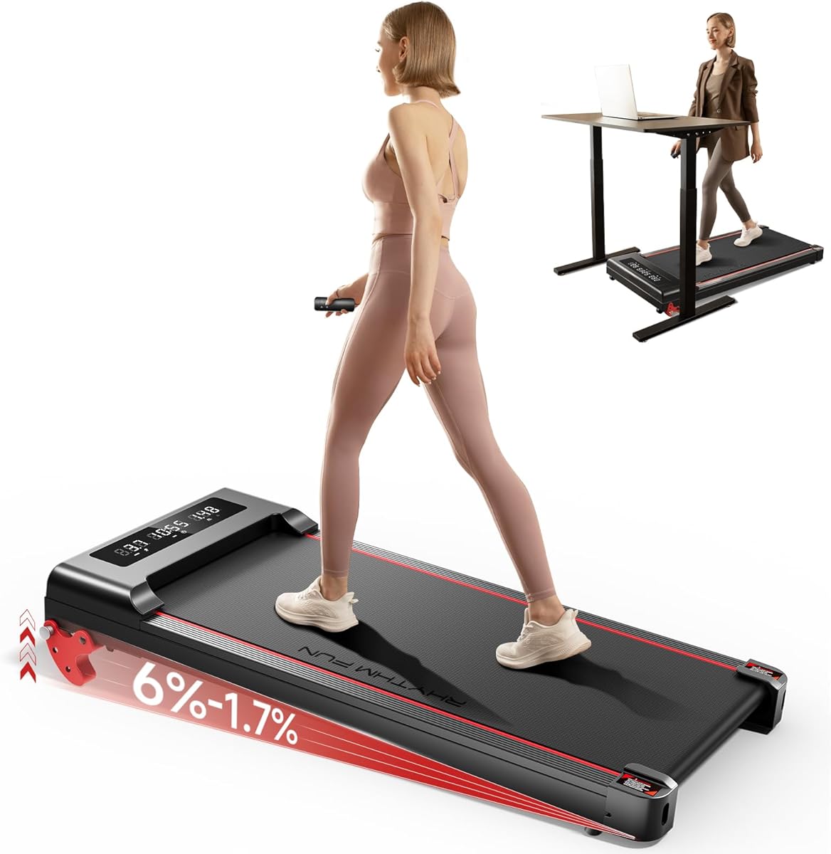 RHYTHM FUN Incline Foldable Treadmill, Walking Pad Treadmill with Incline, 300 lbs Portable Treadmills with Handles for Home Office Use, Under Desk Compact Walking Pad