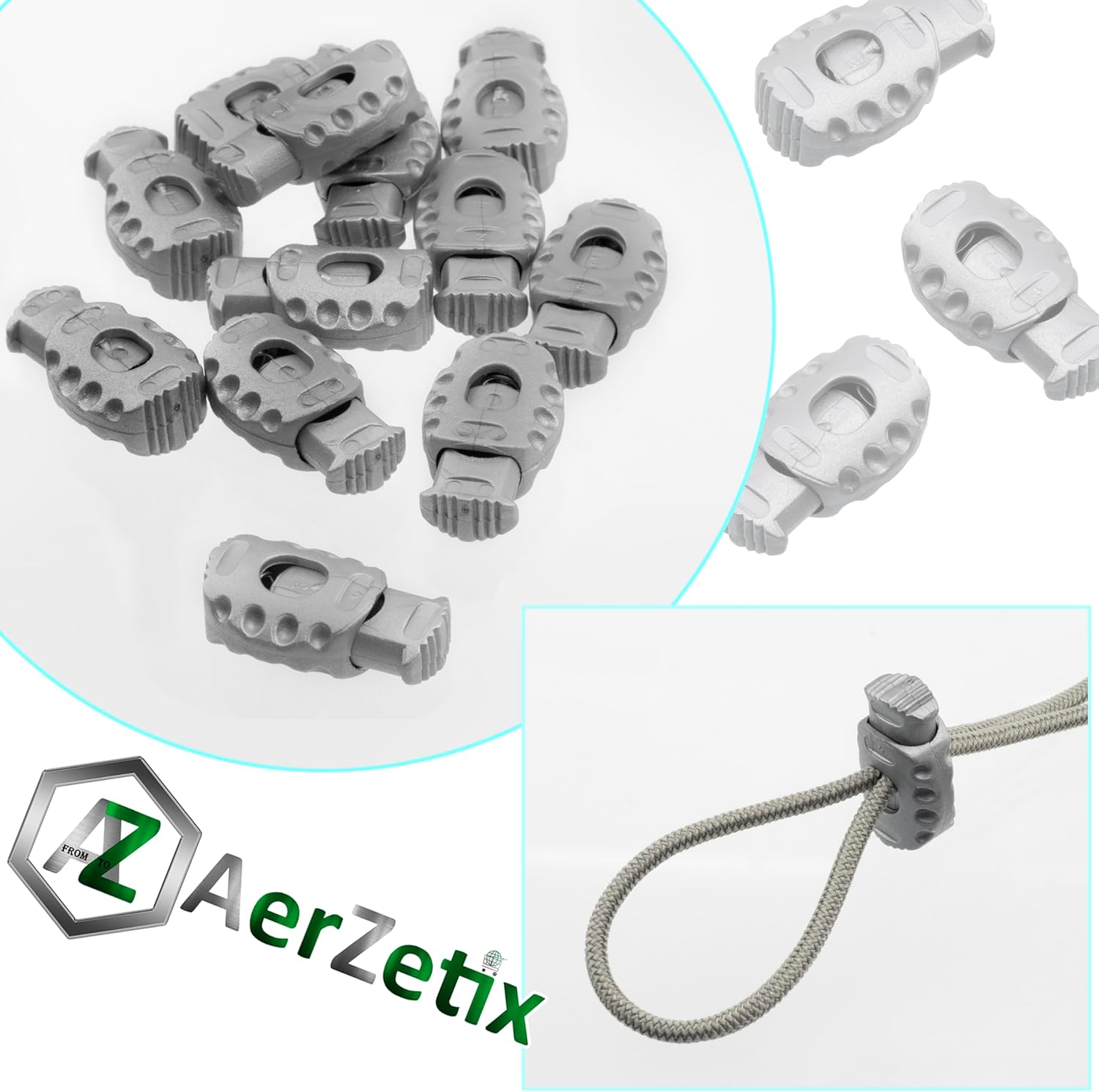AERZETIX - Pack of 12 cord locks with 1 spring hole - stop cord stop - creative hobby rope end - silver color - plastic