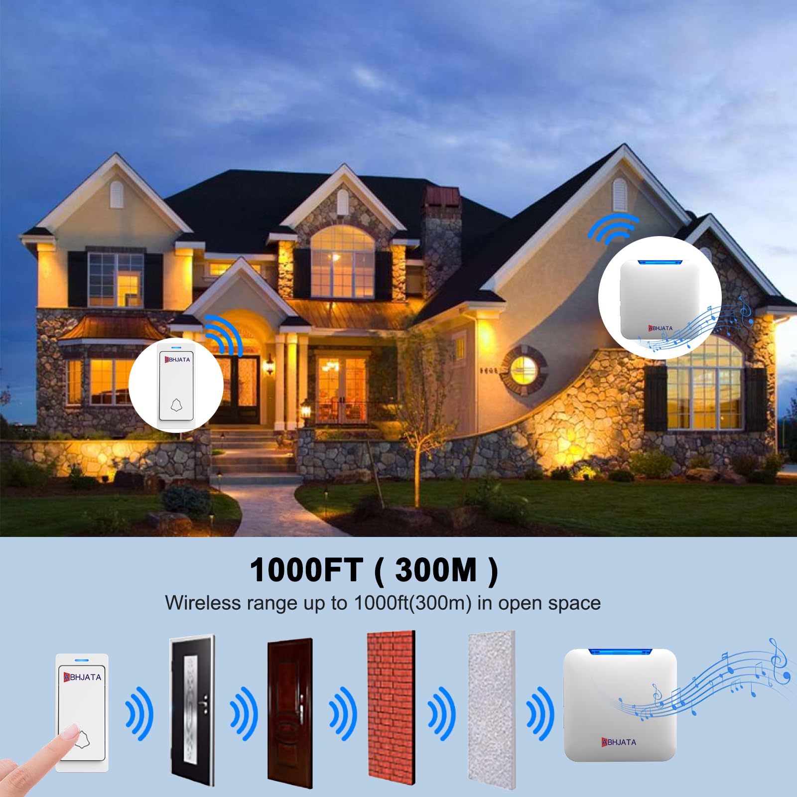 ABHJATA Wireless Door bell, 1000ft/300M Long Range DoorBell Kit 2