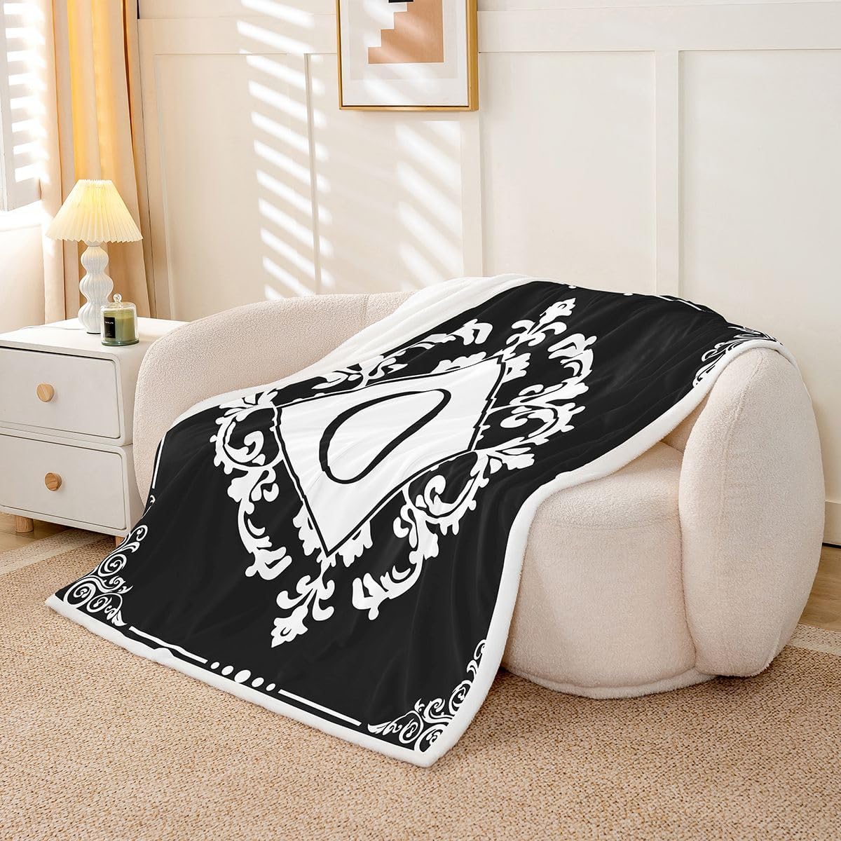 Castle Fairy Black White Minimalist Throw Blanket for Kids,Boho Damask Floral Fleece Throw Blanket for Bedroom Sofa Dorm Decor,Monogram Letter O Lightweight Bed Blankets,40 x 50 Inches image 5