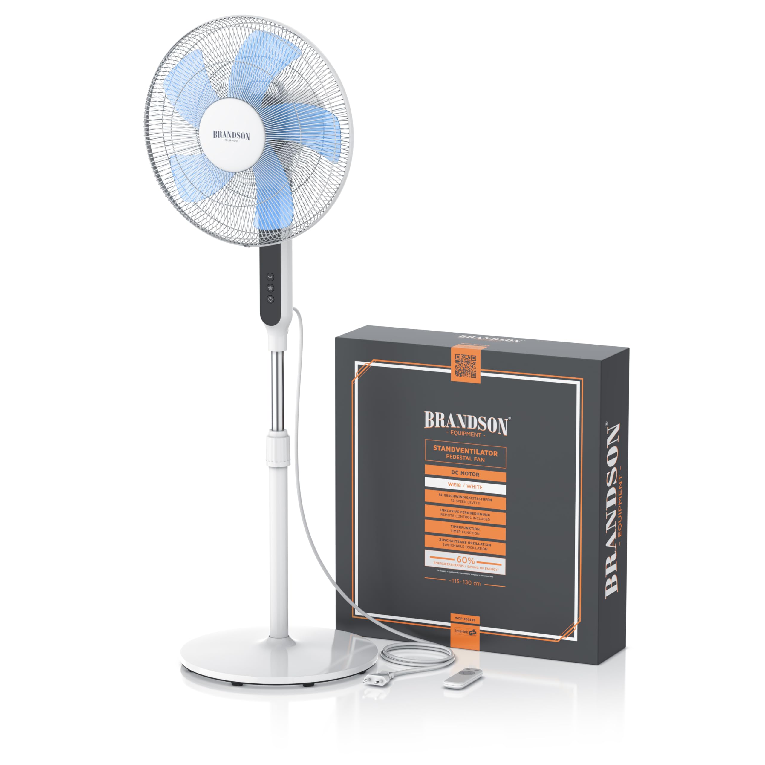 Brandson - DC Standventilator energiesparend ECO - Fernbedienung - Brushless Silent Motor, sehr leise – Preisträger 2026 - Oszillation - Ventilator Timer – 12 Stufen - LED Display