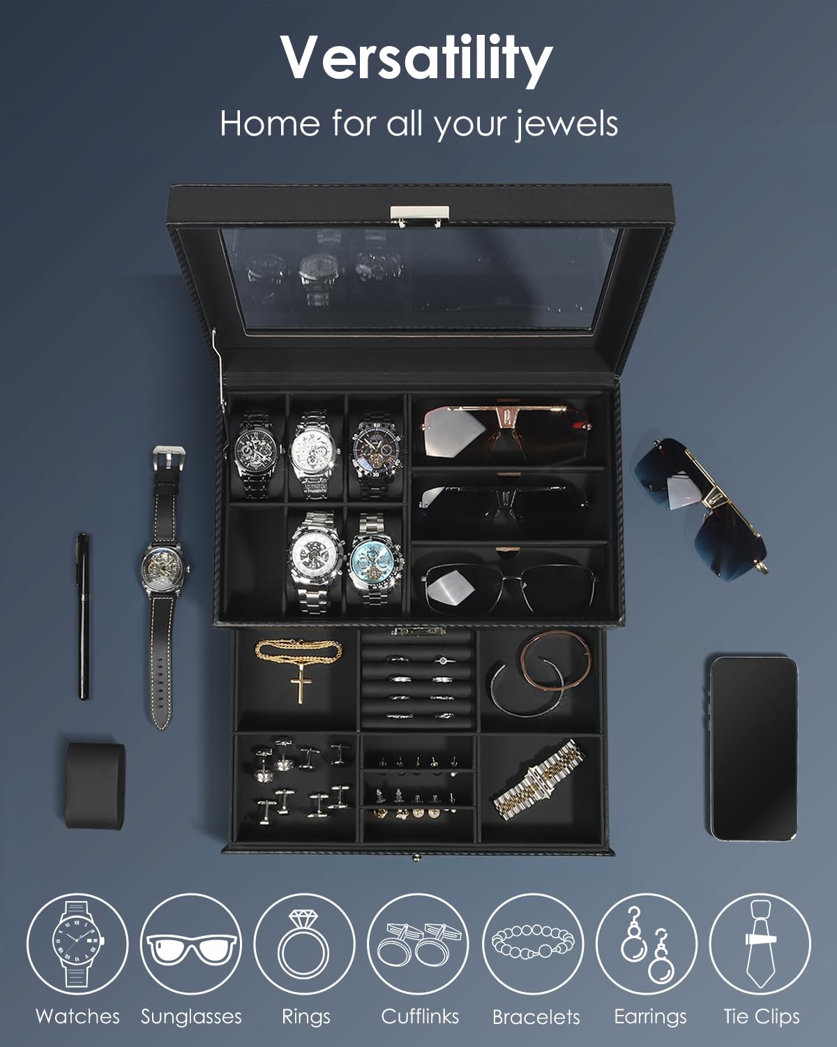 Kukikan Joyero organizador de relojes, caja de reloj y gafas de sol con tapa grande de cristal, 6 ranuras y 2 capas, joyero para hombre con cerradura, soporte para reloj, regalo para hombres y mujeres