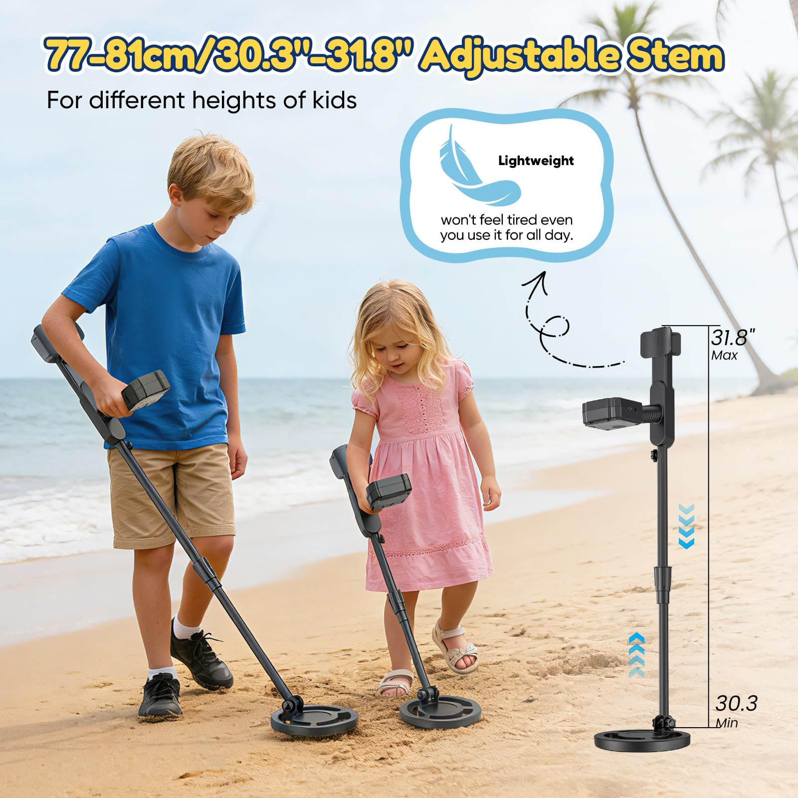 Détecteur de Métaux Enfant avec Tige Réglable, 2 Modes, Écran LCD, Bobine étanche, Haute Sensibilité