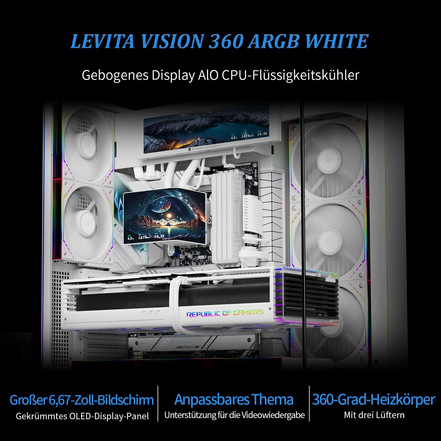 Thermalright Levita Vision 360 ARGB White - Ventola di raffreddamento per CPU AIO, ventola senza fili, schermo curvo con risoluzione di 2400 x 1080, per AM4/AM5, Intel LGA1851/1700, schermo 3D da 6,67