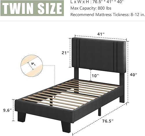Miniatura 2 de Feonase - Base de cama de tamaño individual con plataforma tapizada, base de cama tapizada con respaldo abatible, listones de madera maciza y