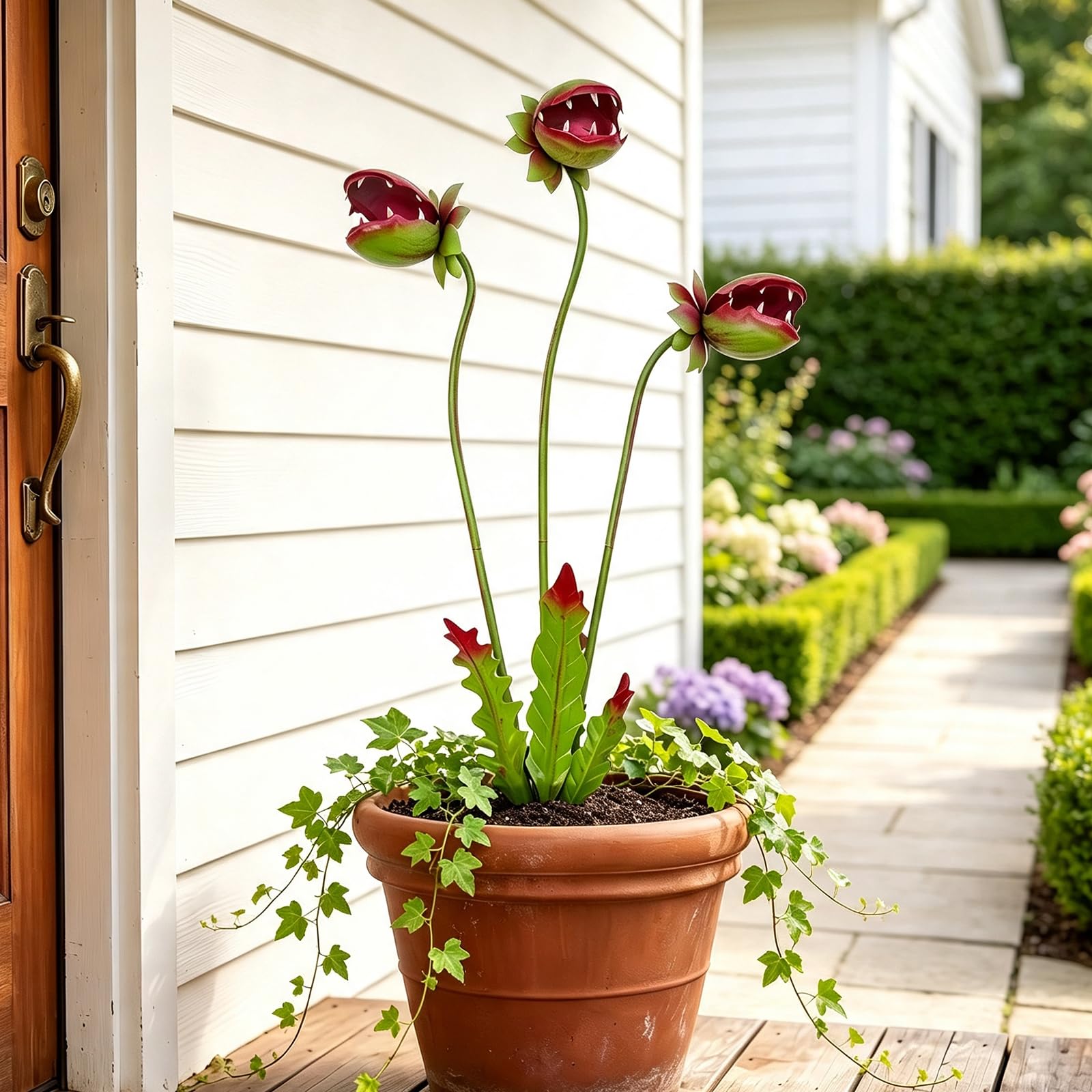 Skurrile Metall fleischfressende Pflanze Gartenstecker Große Venus Fliegenfalle Monster Pflanze Skulptur Langlebige Hofkunst für Blumenbeete, Terrassen & Pflanzgefäße, einzigartiges witziges