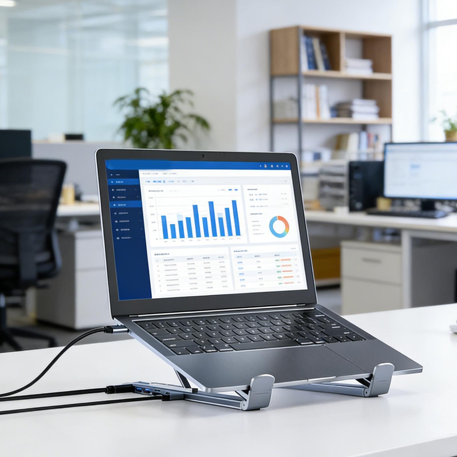 Supporto Portatile per Notebook con Docking Station Hub 8-in-1 e Rialzo per | Trasferimento Dati a 5 Gbps, Supporto Pieghevole con Porte USB Per scrivania, viaggio, ufficio e lavoro