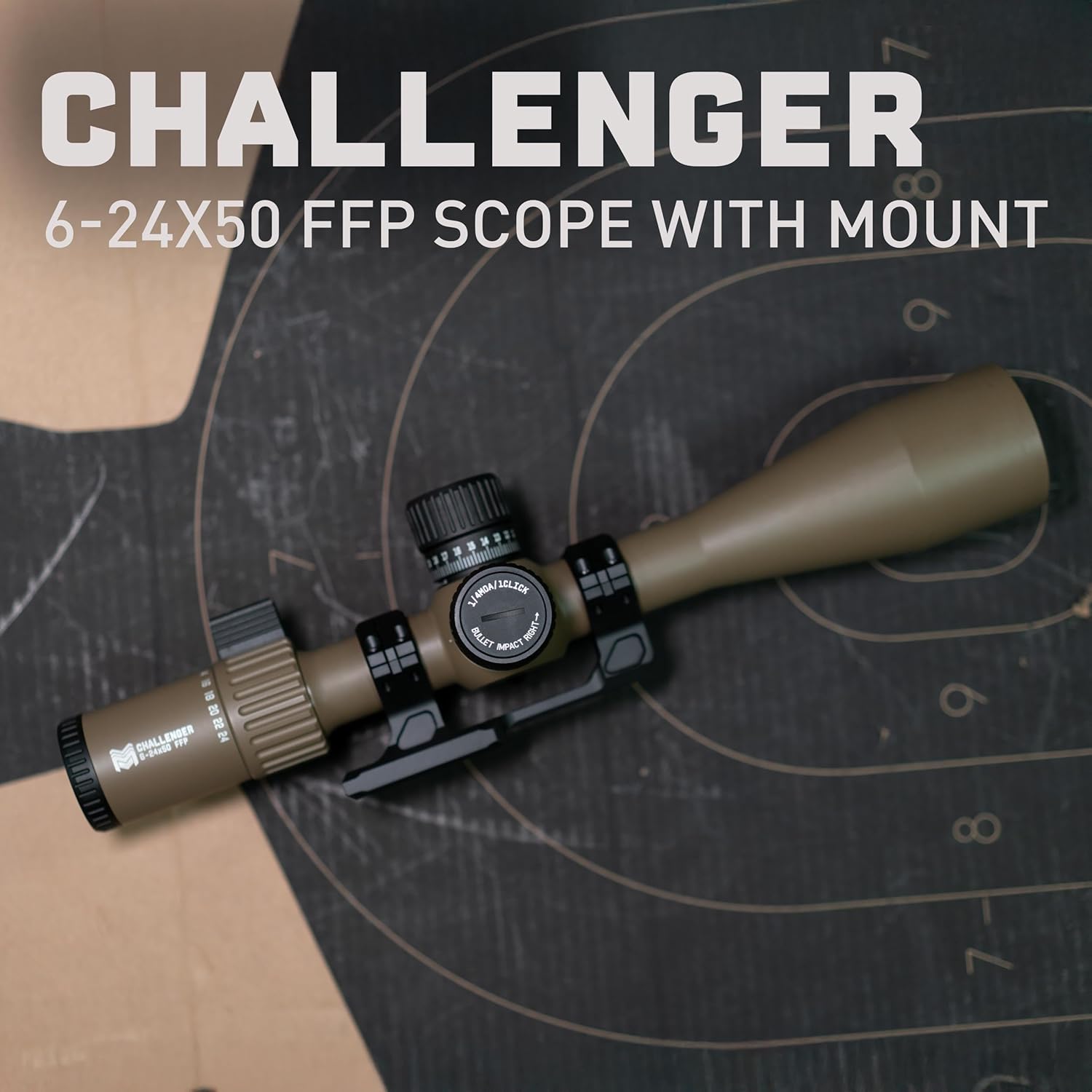 Monstrum Challenger 6-24x50 FFP Rifle Scope | Featuring ED Glass, Adjustable Objective, Precision Turrets with Zero Stop, and Offset Scope Mount | Flat Dark Earth
