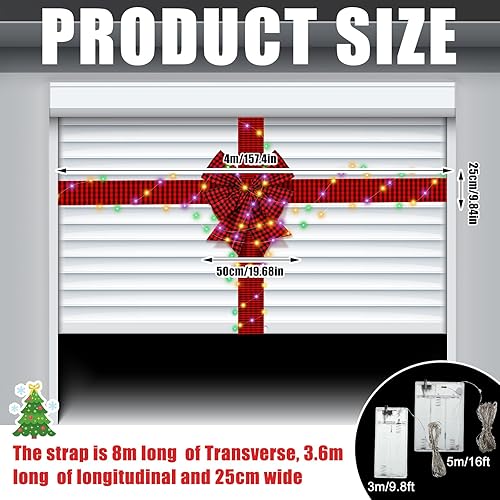 Miniatura 3 de Guirnalda de Navidad para Puerta de Garaje, Decoración de Lazo Rojo con Luz, Lazo de Navidad Feliz, Lazo de Rayas Rojo y Negro, Cubierta de Bandera