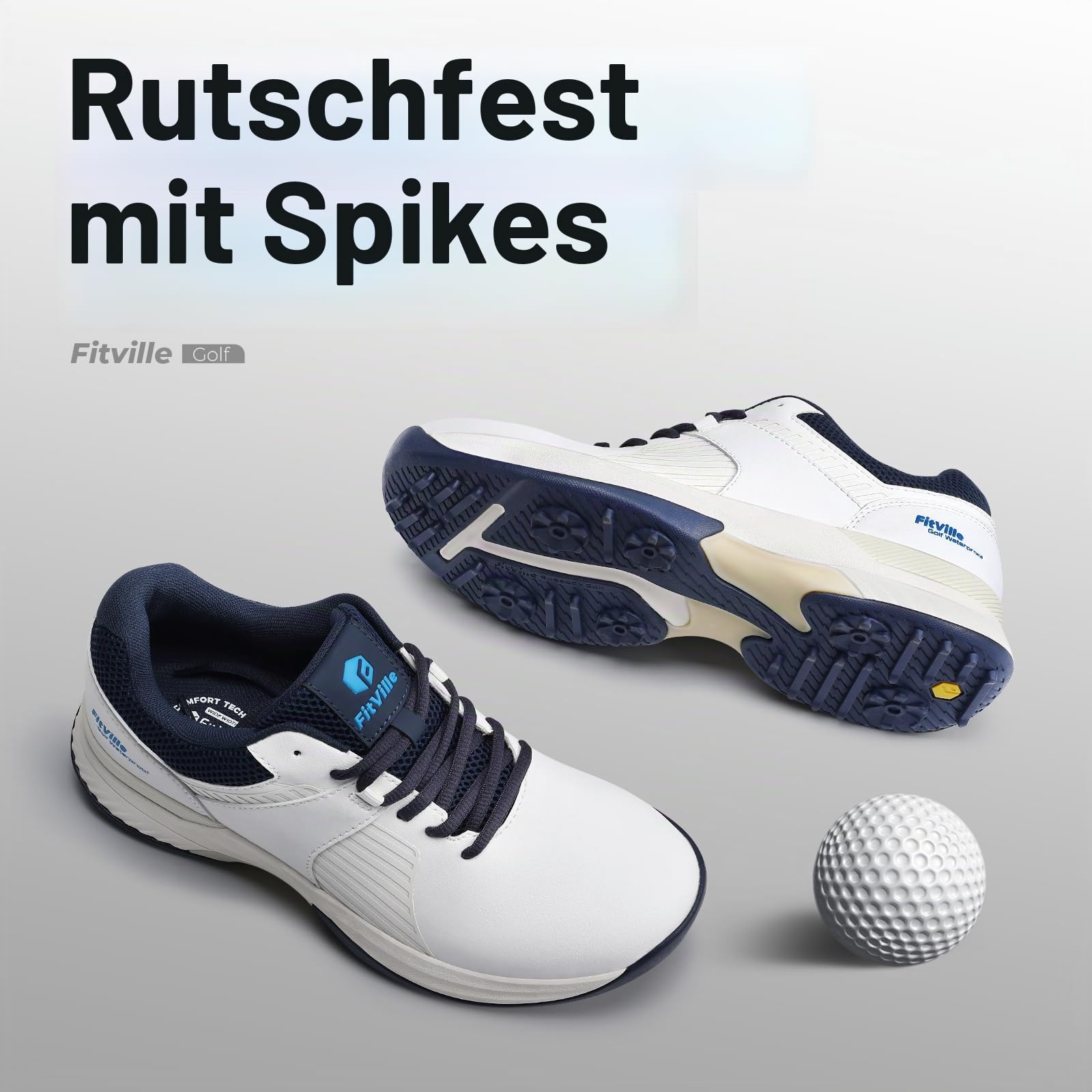 FitVille Herren SpeedEx Golfschuhe V4 Sneaker Extra Weit Walking Schuhe Leichte Bequeme Man Schuhe mit Schnürung atmungsaktive Trainingsschuh für Golf Sport Grau Weiß Gr.40-49