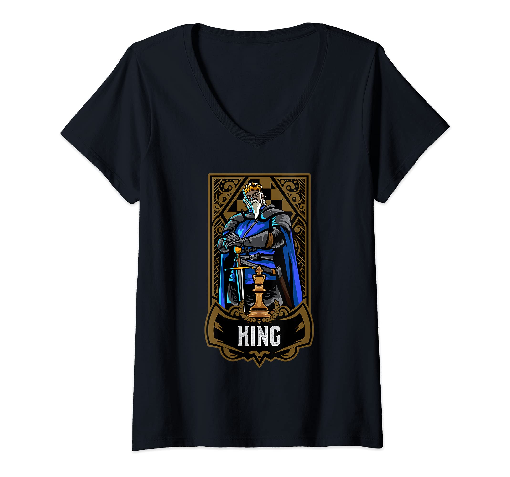 Womens King Chess Game Piece Chess Club Players Gambit Blue Team V-Neck T-Shirt