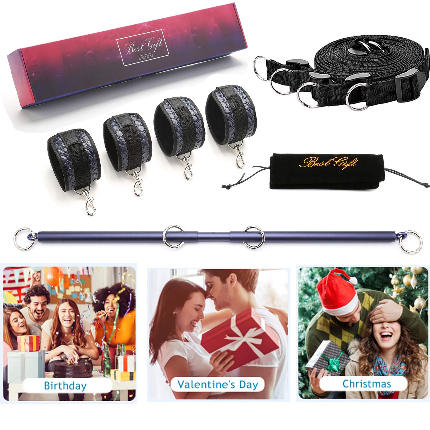 Frosted Red/Rose Gold/Blue Exercise Spreader Bar Expandable Sports Aid Training Kit with 4 Fur Pink/Red/Blue Adjustable Straps for Home Gyms Yoga(Blue+Blue Kit)