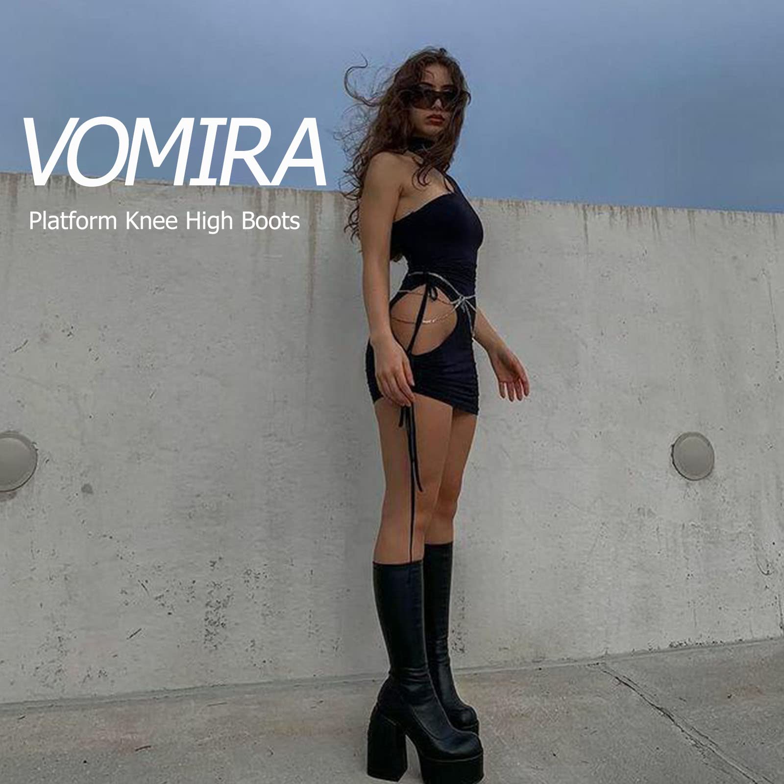 VOMIRA Ankle Boots for Women Chunky High Heel Sqaure Toe Side Zipper Pu Leather Stretch Boots Platform GoGo boots