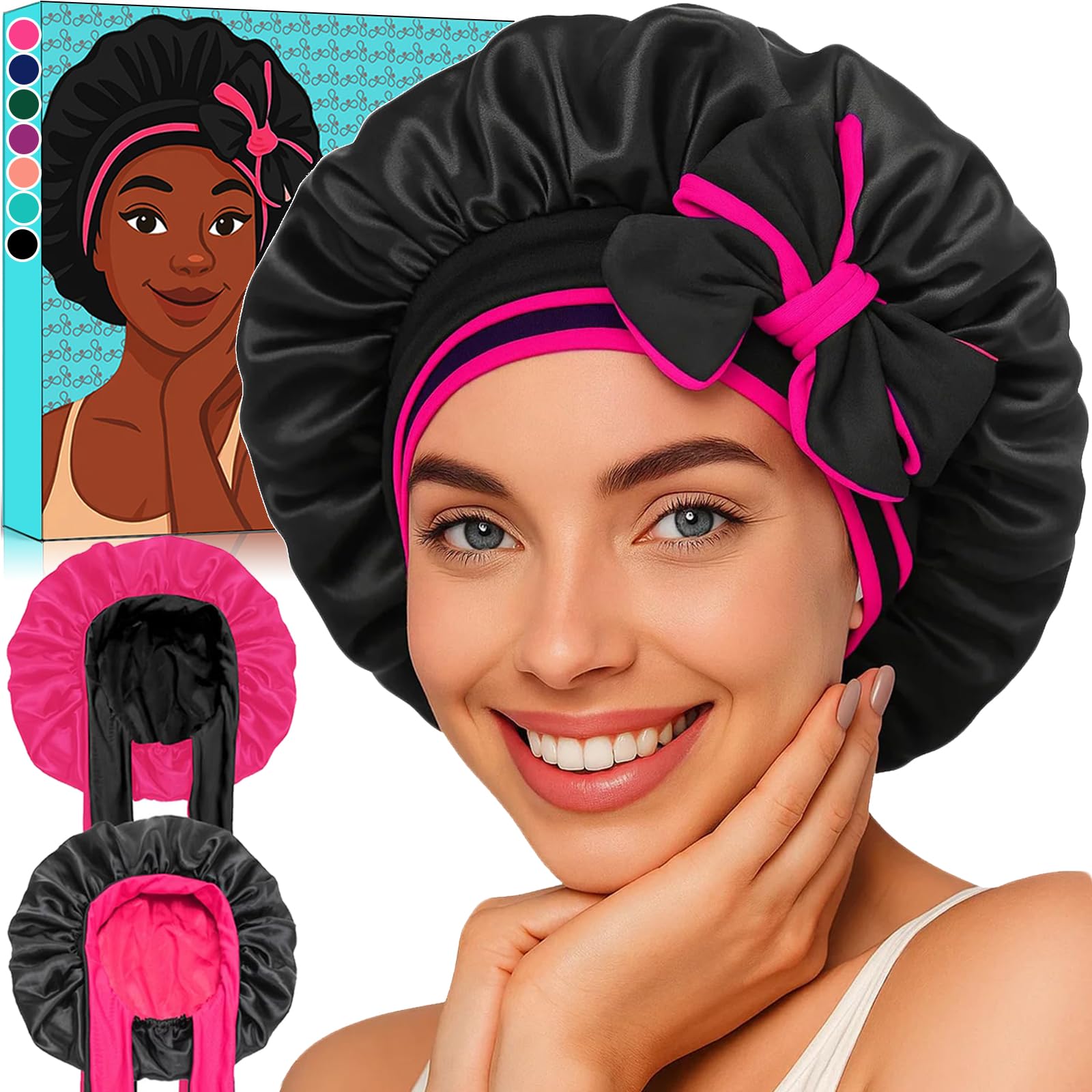 Atgdluk® Reversible Silk Bonnet for Sleeping Women - Double Layer & Color Satin Bonnet, Adjustable Hair Cap for Curly & Textured Hair (Rose Red &