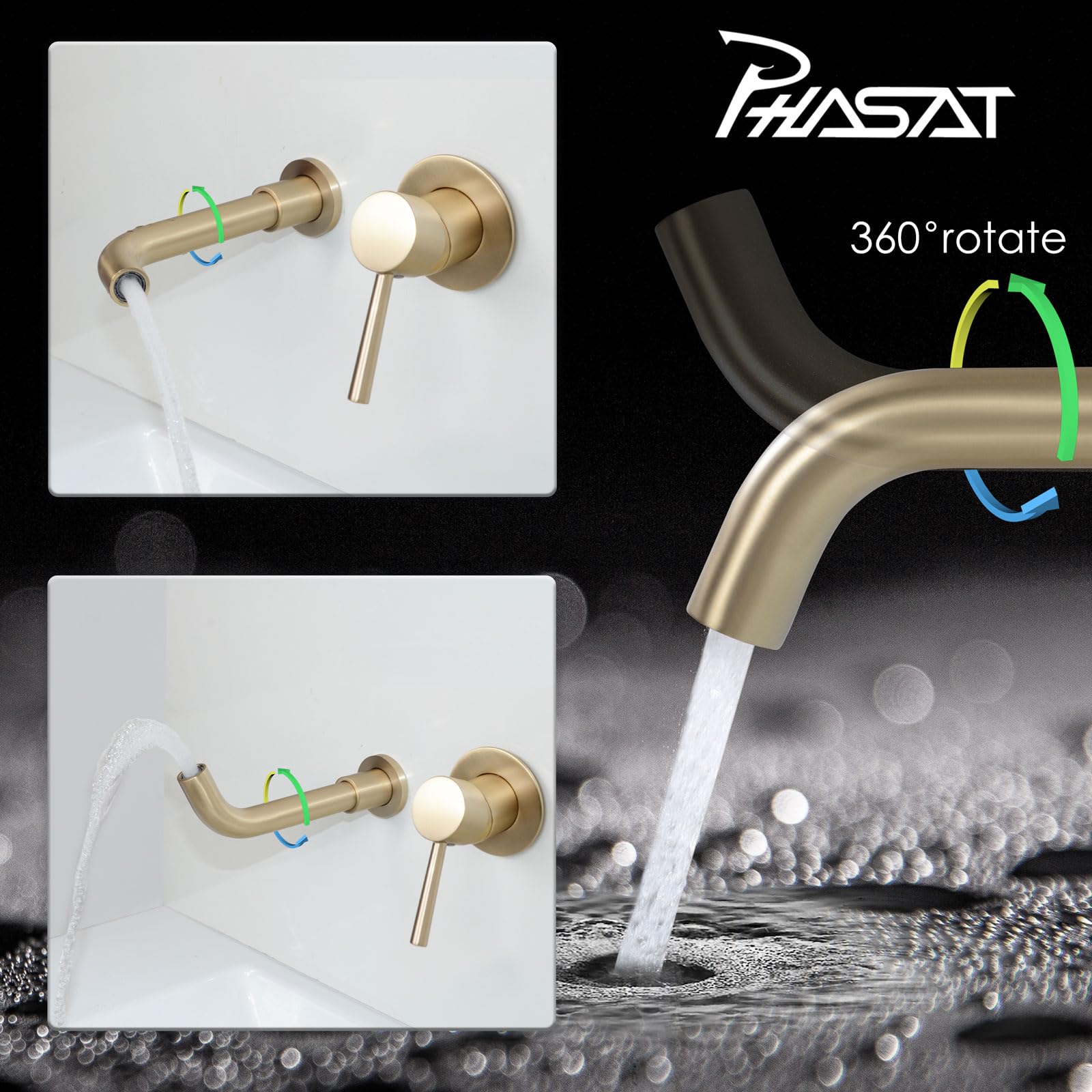 PHASAT PTBB06LG bateria ścienna do zabudowy, mosiężna, obracana o 360°, 2 otwory, do umywalki, szczotkowanego złota