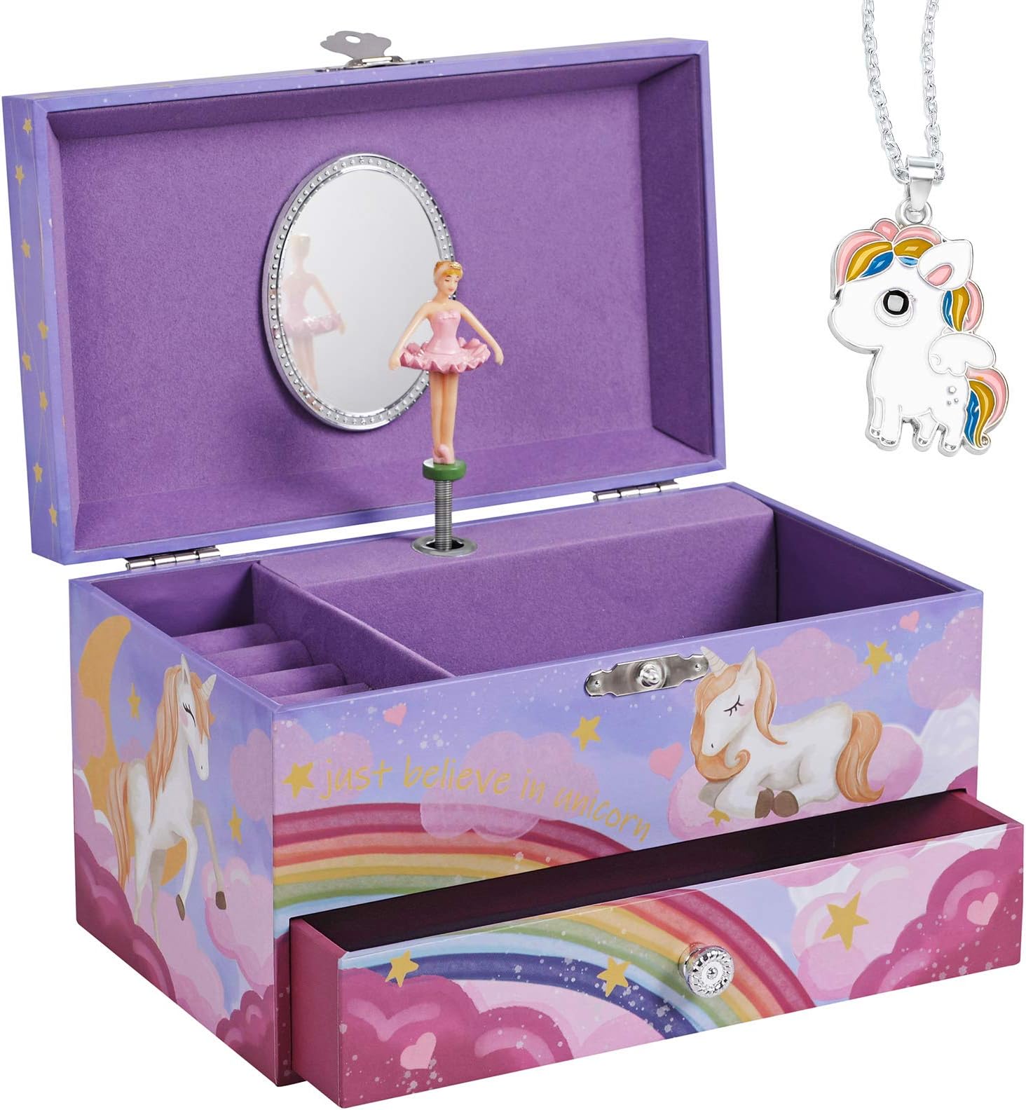 Lucy Locket – Boîte à Bijoux Musicale Licorne Avec Paillettes – Licorne Qui Tourne – Cadeau Enfant – Miroir Inclus