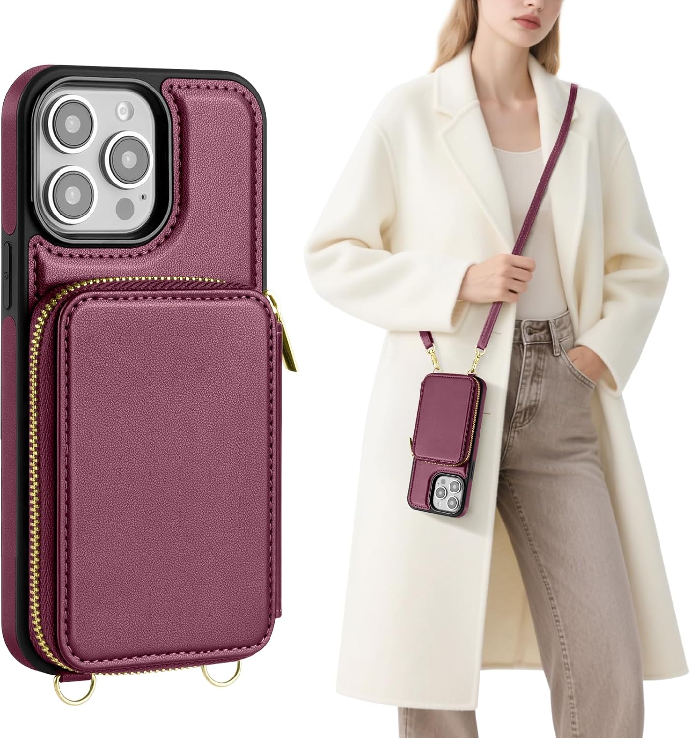 SkyEagle Compatible with iPhone 12 Pro Wallet Case for Women【RFID Blocking】 Crossbody Phone Case PU Leather Zipper Handbag Wrist Strap Cover Credit Card Holder,for Apple 12 6.1",Wine Red