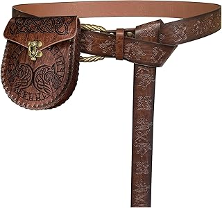 Viking Fenrir Embossed Buckle Belt with Nordic Embossed Belt Bag, Vintage Faux Leather Belt and Belt Pouch Set for LARP (Brown C)