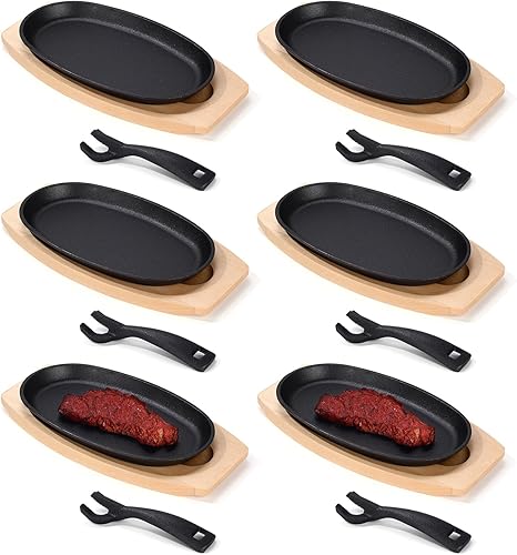 Miniatura 10 de Mifoci Juego de 12 sartenes ovaladas de hierro fundido para fajita, plato pequeño para carne chisporroteante con base de madera y mango de hierro