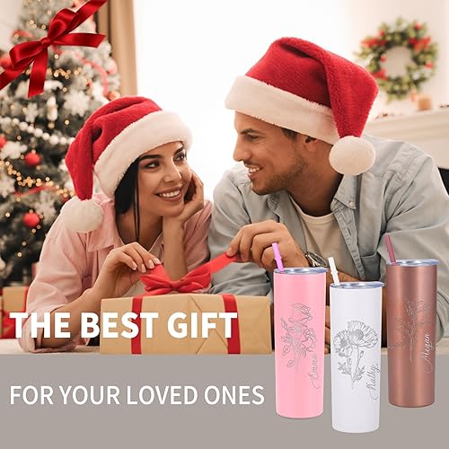 Miniatura 5 de Vasos delgados personalizados con flor de nacimiento, Navidad, cumpleaños, día de San Valentín, regalos para mujeres, vaso aislado con nombre