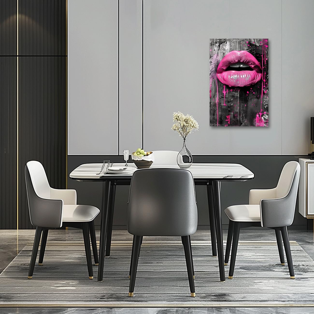 PBXBJY Lips Canvas Wall Art Female Pink Lips Pictures Pink Black Wall Decor Graffiti Painting Print Modern Artwork Beauty Salon Girls Room Decor Frame (12.00" x 18.00")