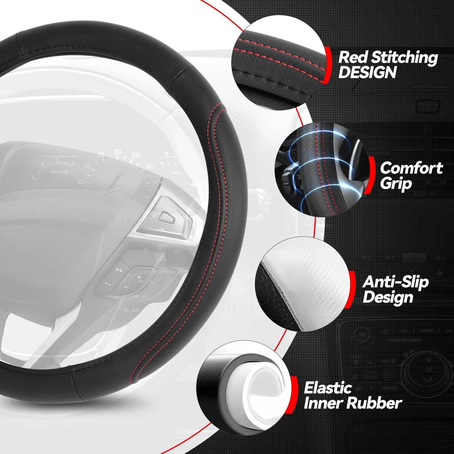Auto Dynasty Car Steering Wheel Cover, Microfiber Leather Steering Wheel Covers Protector with Anti-Slip Inner Lining, Universal 14.5 to 15 Inch Car Interior Accessories, Black/Red Contrast Stitching