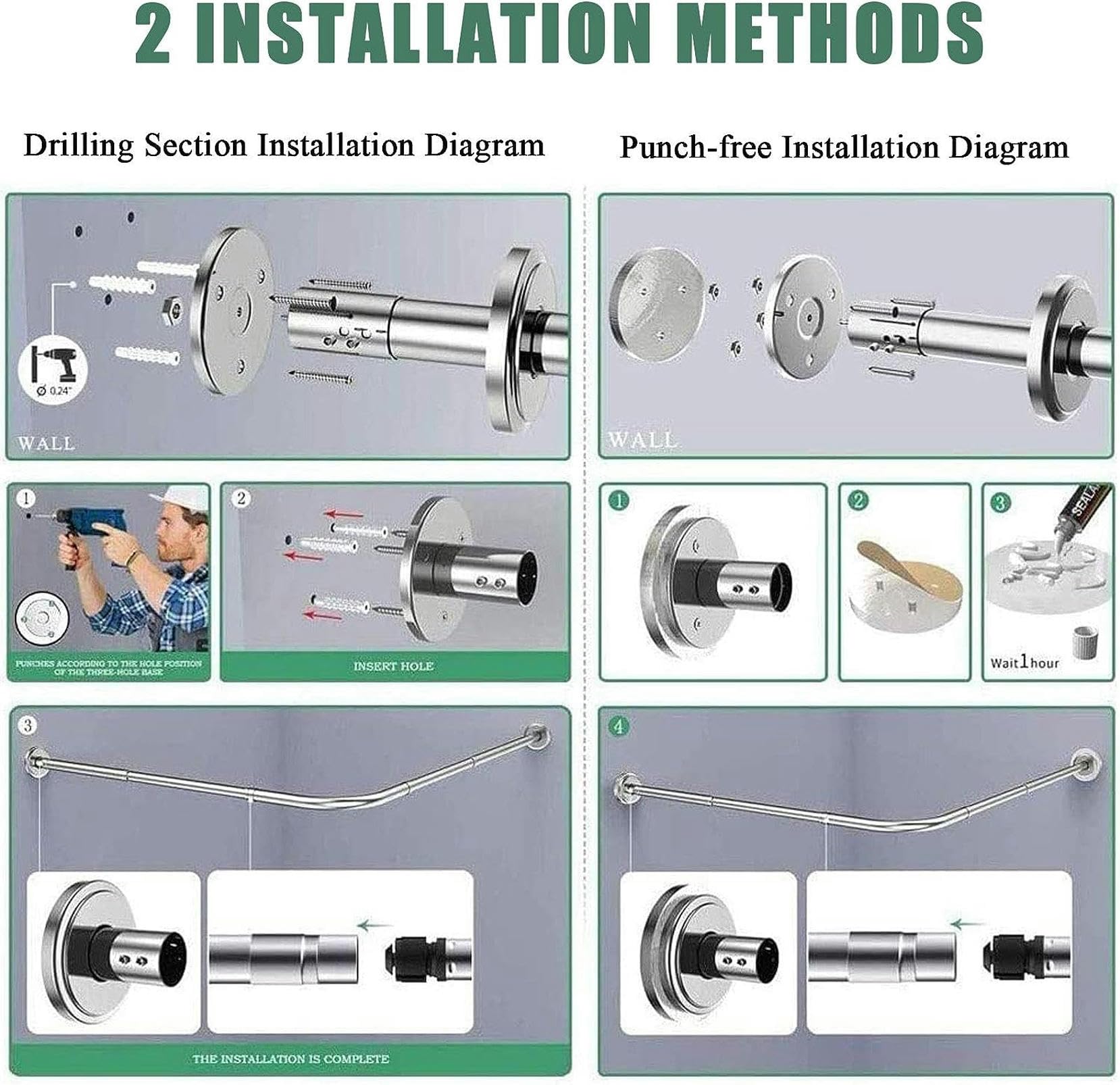 Barre De Douche Extensible Angle,Tringle Rideau De Douche en U Courbée,Télescopique INOX Tringle Douche Suspendue,Percage/sans Percage,Tringle Douche incurvée