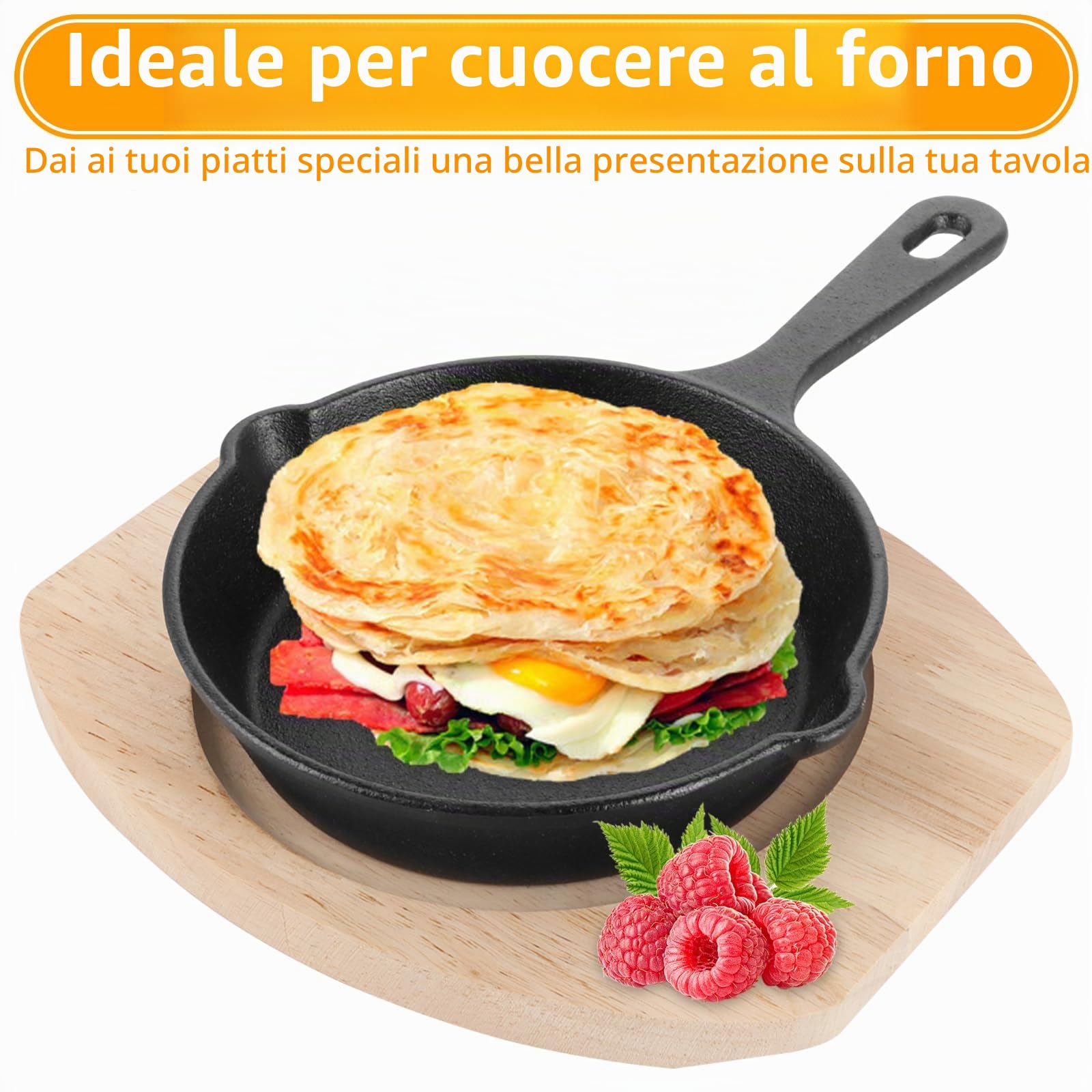 SHUESS Set di 3 padelle in ghisa, piccole padelle in ghisa da 14 cm, con tagliere in legno, piccole padelle a induzione per forno e barbecue, mini padella come padella per uova fritte, mini padella e