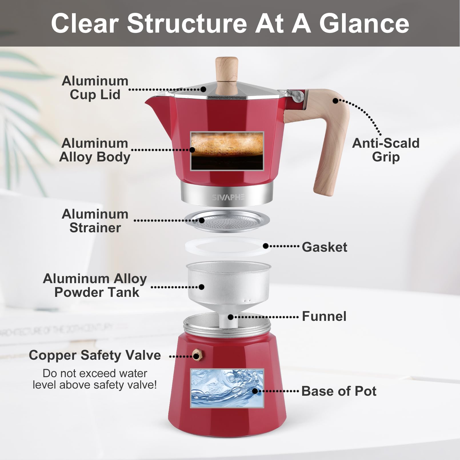 Sivaphe Stovetop Coffee Maker 150ml/3 Cups, Aluminium Moka Pot Italian Espresso Maker with Heat-Resistant Handle, Red - Image 2