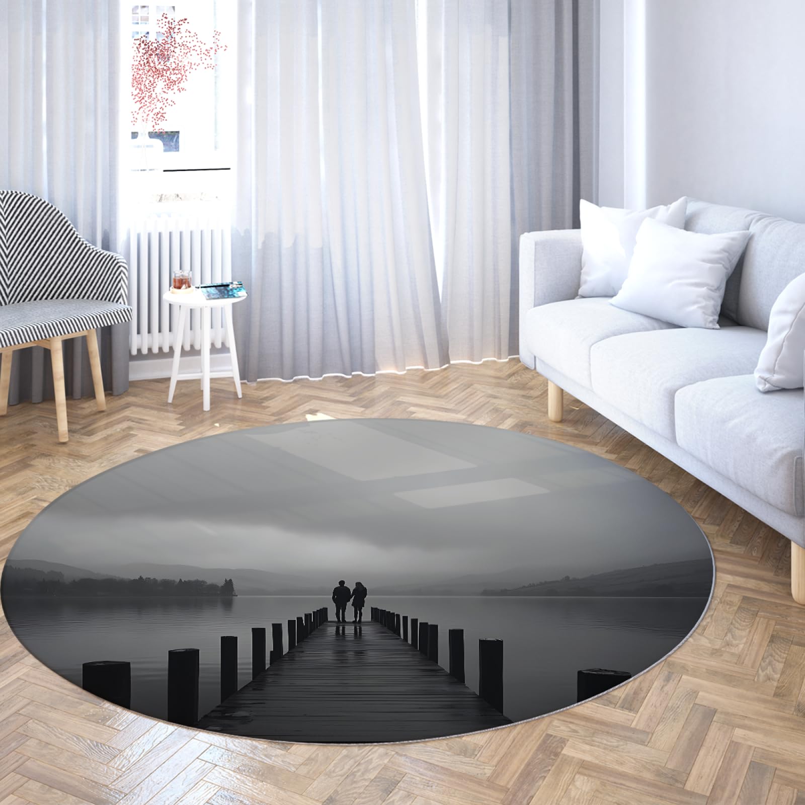 Paar Silhouette Runder Teppich 180cm - Schwarz Weiß Brücke Szene Kreis Matte rutschfest Waschbar Weich für Schlafzimmer Balkon Wohnkultur Studio Schlafsaal