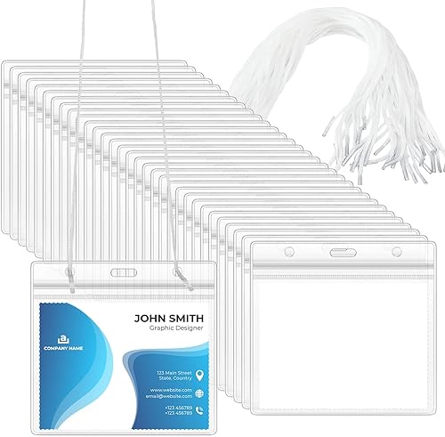 Eaasty Paquete de 100 portatarjetas para colgar en el cuello con etiquetas, cordón transparente para colgar, insignias de nombre, impermeables, con