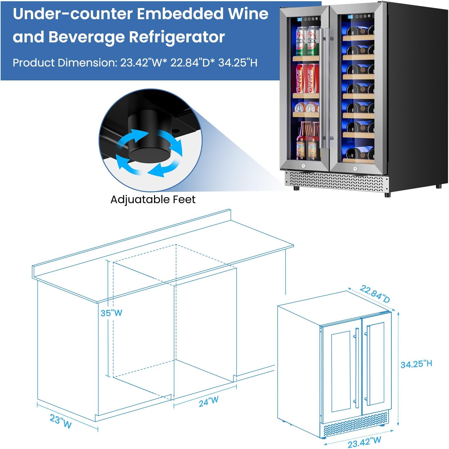 Wine and Beverage Refrigerator 24'', Dual Zone Wine Fridge Built in or Freestanding, Beverage Cooler with Glass Door holds 21 Bottles and 88 Cans, Upgrade Cooling Low Noise for Kitchen, Bar, Office